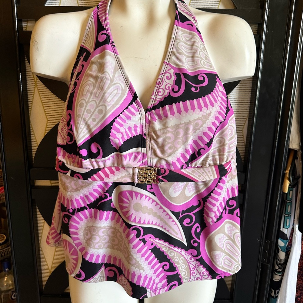 Faded Glory Purple / Pink / Black Paisley Tie On Tankini Bathing / Swim Suit Top